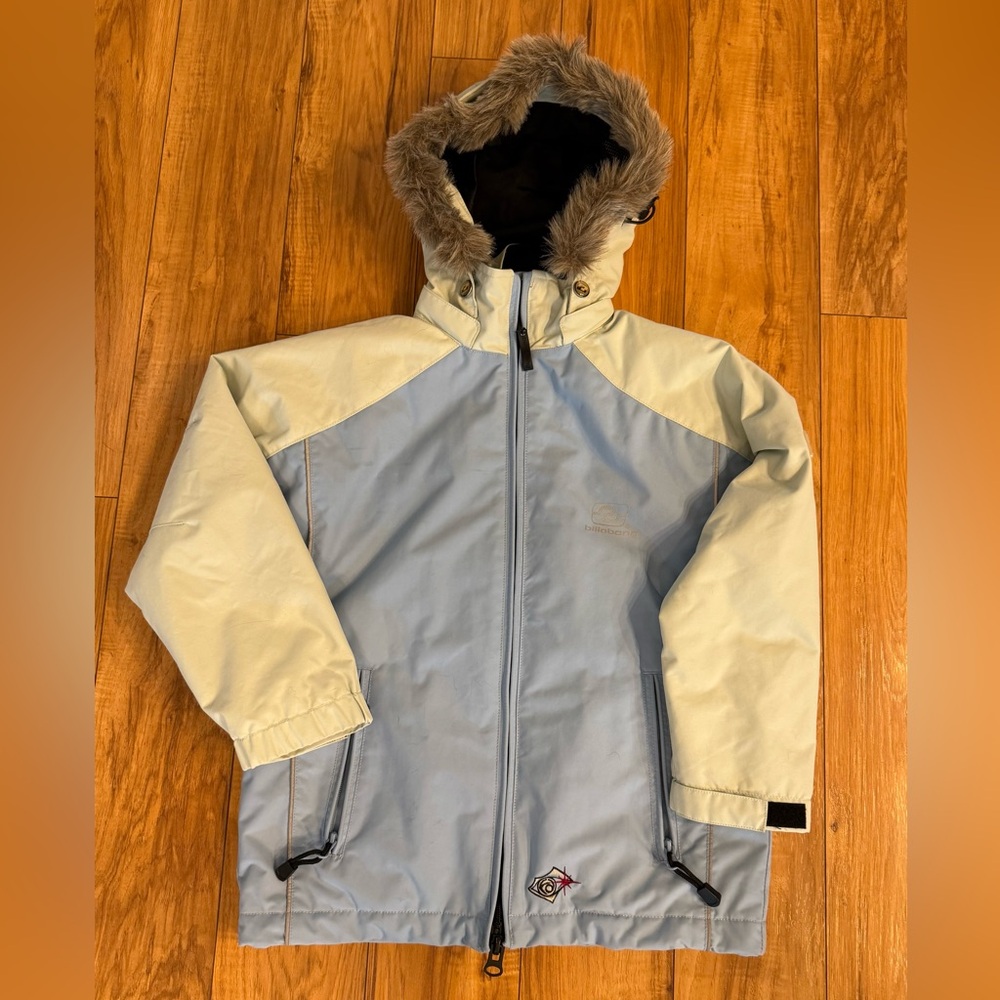 Billabong girls size L (8-12 approx) light blue and cream hood ski parka/jacket.